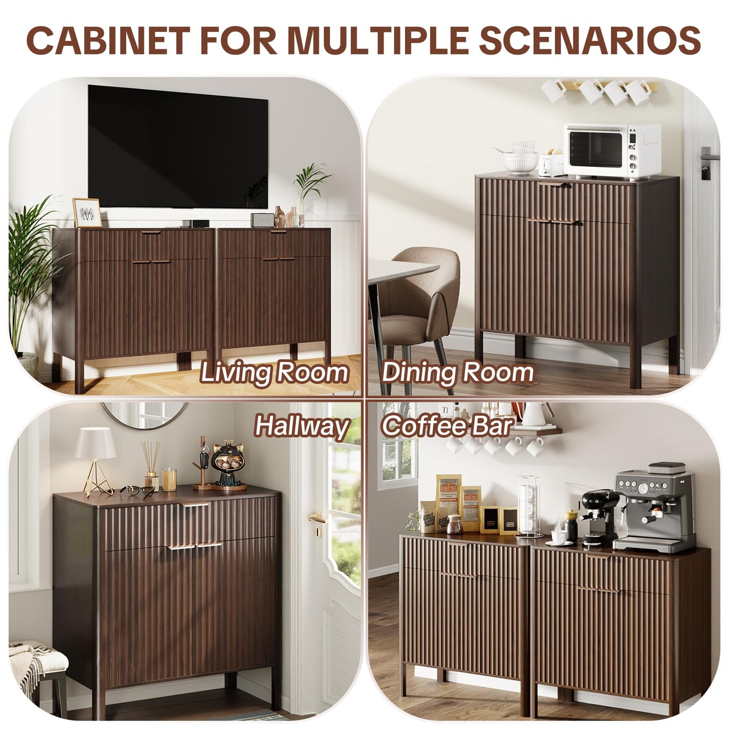 Fluted Buffet Cabinet Accent with Doors & Drawer 31" Walnut | Anti-tipping Design, Scratch & Water-resistant, Pre-drilled Easy Assembly Versatile for Kitchen, Entryway & Living Room