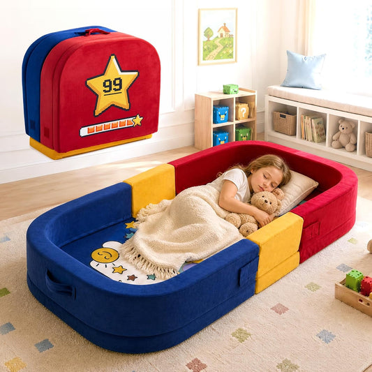 Toddler Travel Bed Foldable Portable Floor Bed Soft Foam Built-in Safety Rails, No Assembly, Washable Cover, Comfortable Mattress for Travel, Home Use for Kids Ages 15 to 72 Months