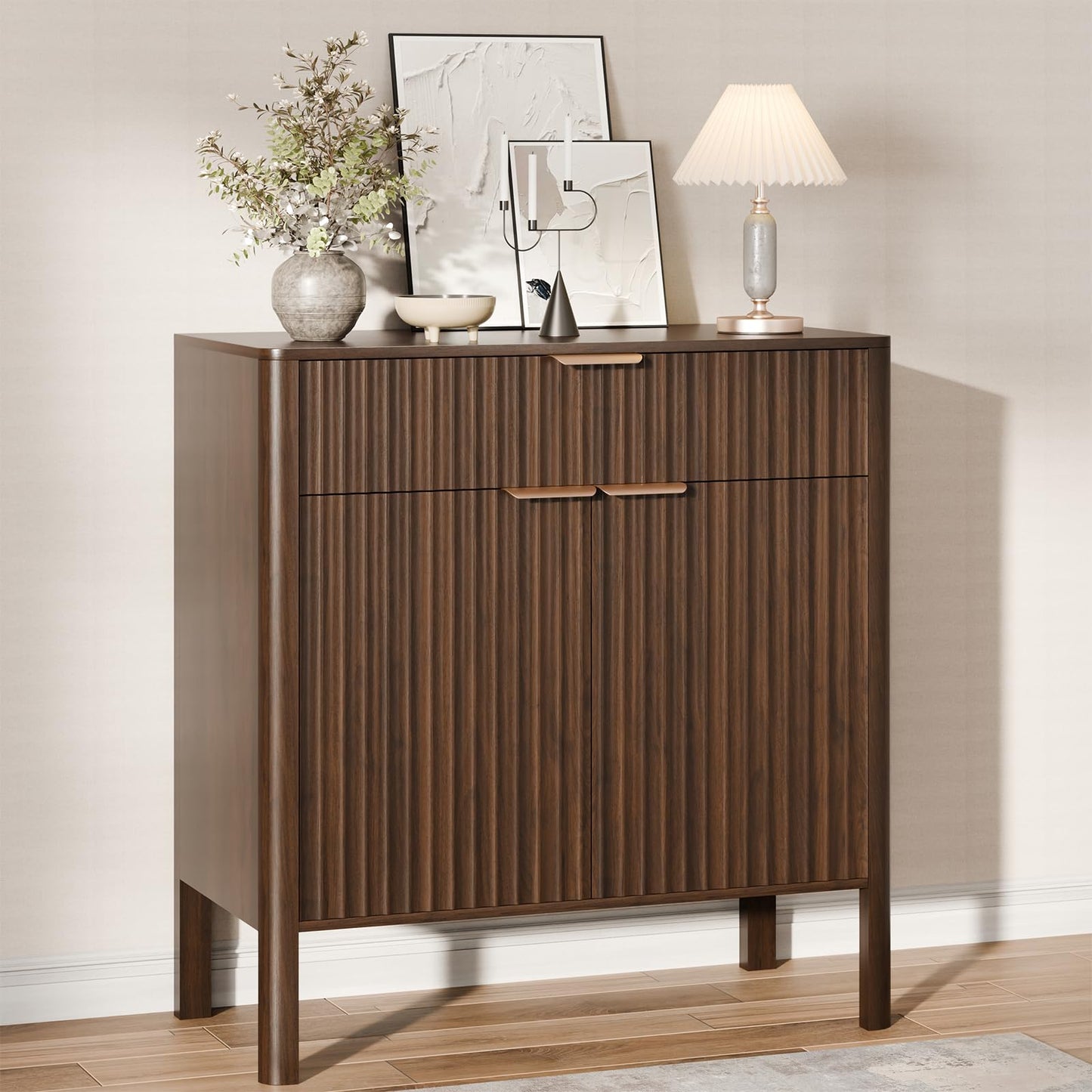 Fluted Buffet Cabinet Accent with Doors & Drawer 31" Walnut | Anti-tipping Design, Scratch & Water-resistant, Pre-drilled Easy Assembly Versatile for Kitchen, Entryway & Living Room
