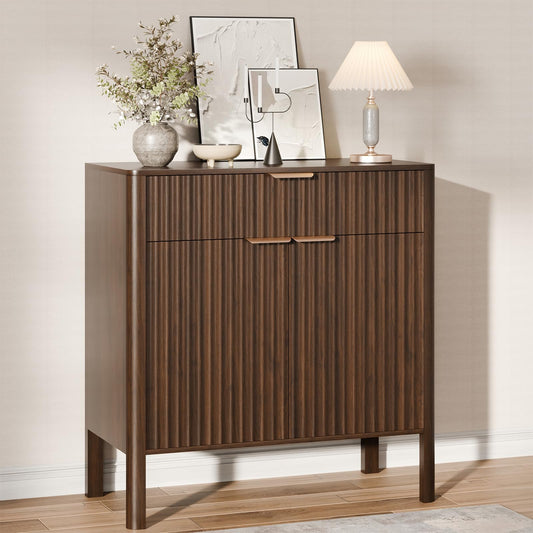 Fluted Buffet Cabinet Accent with Doors & Drawer 31" Walnut | Anti-tipping Design, Scratch & Water-resistant, Pre-drilled Easy Assembly Versatile for Kitchen, Entryway & Living Room