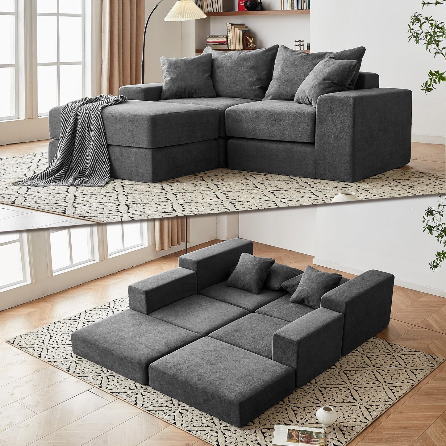 Modular Sectional Loveseat Cloud Sofa, Grey, 79''x68.8''x25.6'' Boneless Couch with Ottoman, Modern Sleeper Sofa for Customizable Living Spaces, L-Shape Chaise Modular Couch, No Assembly
