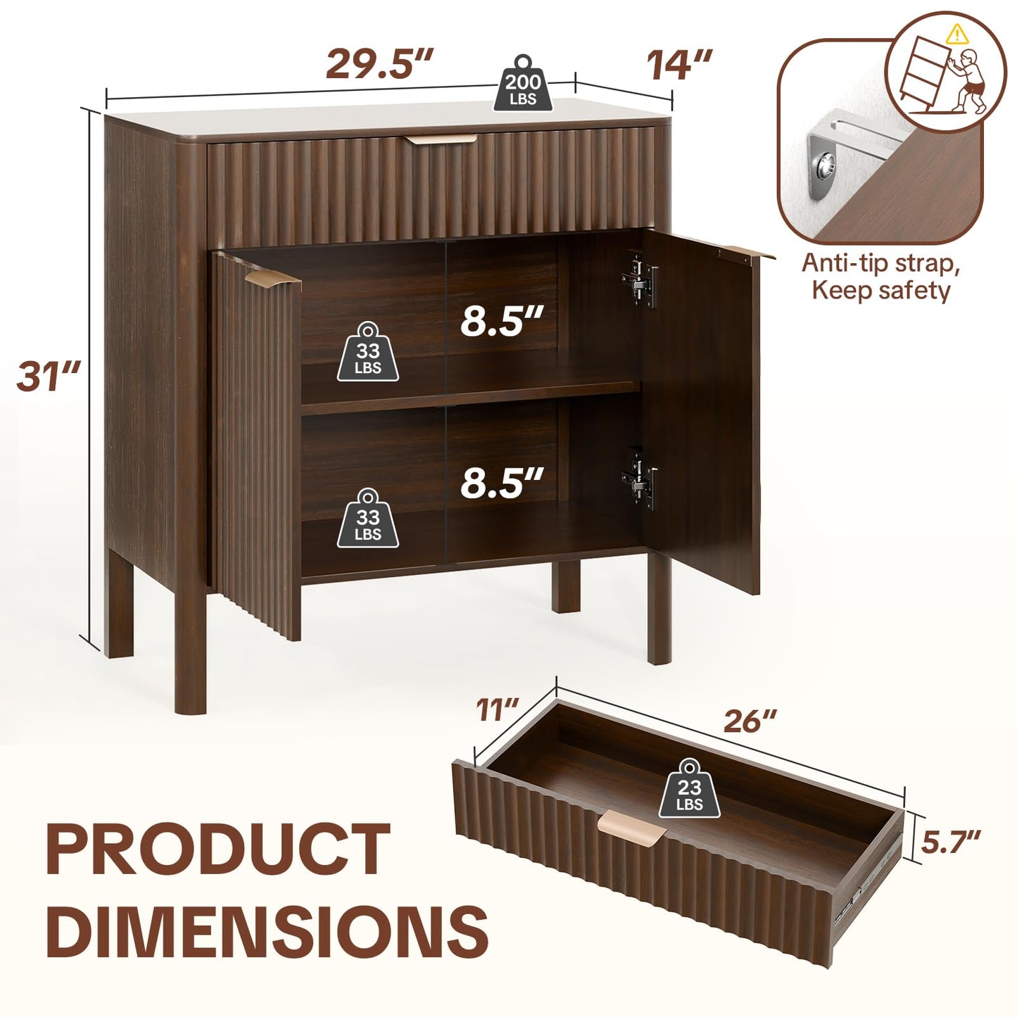 Fluted Buffet Cabinet Accent with Doors & Drawer 31" Walnut | Anti-tipping Design, Scratch & Water-resistant, Pre-drilled Easy Assembly Versatile for Kitchen, Entryway & Living Room