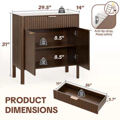 Fluted Buffet Cabinet Accent with Doors & Drawer 31" Walnut | Anti-tipping Design, Scratch & Water-resistant, Pre-drilled Easy Assembly Versatile for Kitchen, Entryway & Living Room