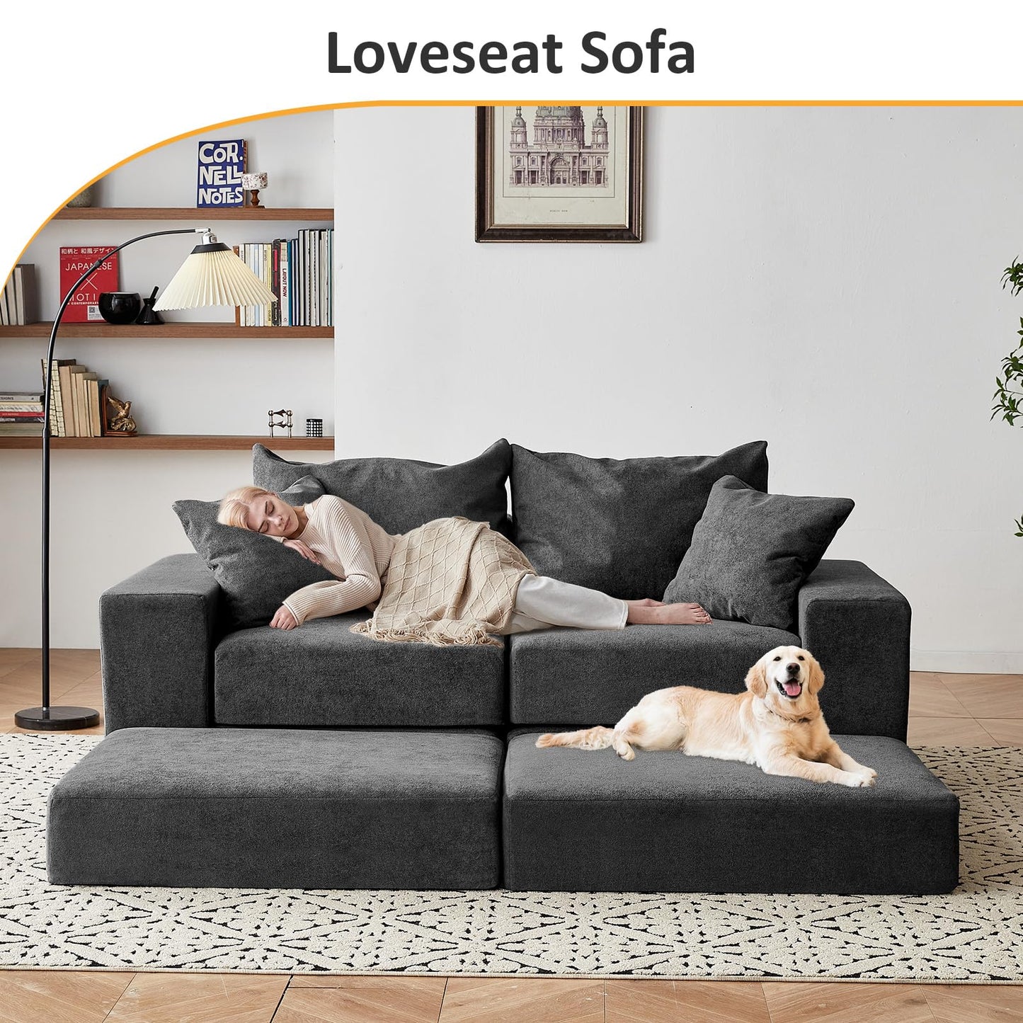 Modular Sectional Loveseat Cloud Sofa, Grey, 79''x68.8''x25.6'' Boneless Couch with Ottoman, Modern Sleeper Sofa for Customizable Living Spaces, L-Shape Chaise Modular Couch, No Assembly