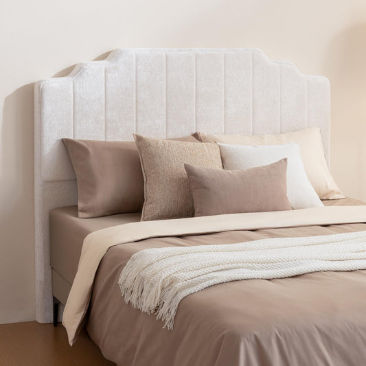 Velvet Upholstered Headboard for Bed, No Assembly Required, Pure Sponge Design, Comfort Headboard, Place Between Bed & Wall, Vertical Stripe with Stepped Crown Top Edge